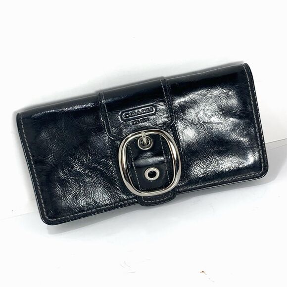 Coach Soho Black Leather Silver Buckle Multicompartment Wallet Womens - Picture 2 of 14